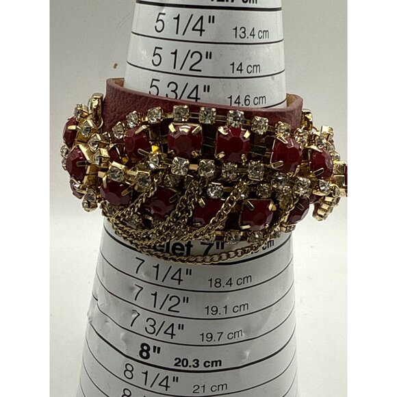 Red & Gold Chain Rhinestone Leather Snap Bracelet - Picture 3 of 7